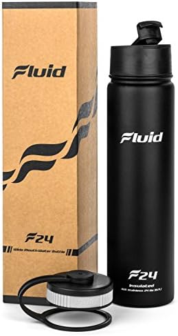 Fluid Sports 24oz Vacuum Insulated Stainless Steel Water Bottle BPA Free Thermos - Zero Sweat Flask - Wide Mouth Hydro Canteen - Double Walled Travel Mug - Durable Powder Coated Exterior