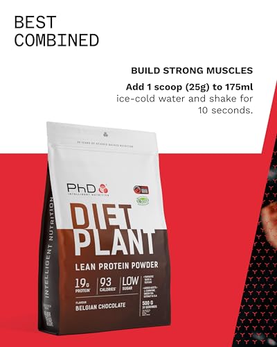 PhD Nutrition Diet Plant, Vegan Protein Powder Plant Based, Belgian Chocolate, High Plant Protein, 20 Servings Per 500g Bag