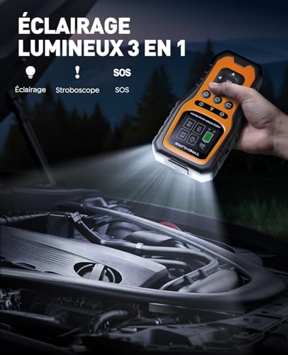 Car Battery Booster with OBD2 Diagnostic, 7000A Car Starter (All Gas or 10.0L Diesel), French Diagnostic OBD with Voltage Tests, Booster with OBDII Diagnosis, Screen, Clip, LED