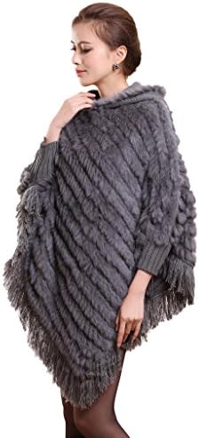 Fur Story 070121 Knitted Long Women's Real Rabbit Fur Poncho with Hood Dark Gray
