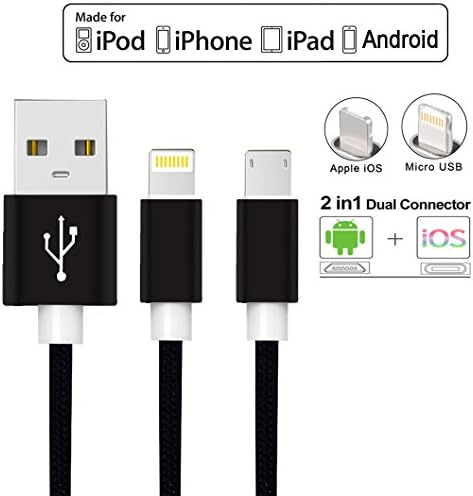2 in 1 Dual Charging Cable iPhone and Android Charger 3.28ft Nylon Braided Charging Cord Data Sync Cable for iPhone/iPad/iPod/Samsung/HTC/LG [Home essential] ---3ft (Black)
