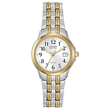 Citizen Women’s Eco-Drive Dress Classic Two Tone Gold Stainless Steel Watch, Easy to Read, White Dial, 26mm (Model: EW1544-53A)