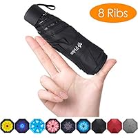 Fidus Upgraded 8 Ribs Mini Portable Sun&Rain Lightweight Windproof Umbrella - Compact Parasol Outdoor Travel Umbrella for Men Women Kids-Black