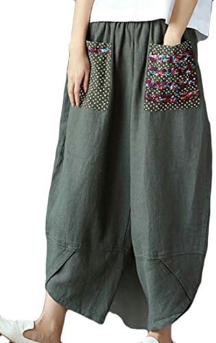 Hurrg Women Elastic Waist Linen Wide Leg Pockets Loose Palazzo Long Pants Army Green XL