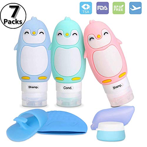 Silicon Travel Bottle Set, 7PCS Portable Travel Bottles Accessories FDA & TSA Approved BPA Free Squeezable Penguin Silicone Leakproof Containers for Shampoo Lotion Creams Soap With Toiletry Bag