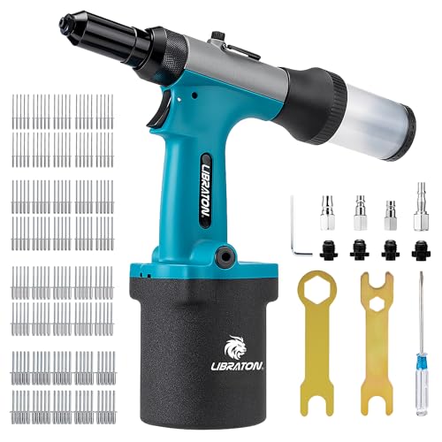 LIBRATON Pneumatic Riveter Kit, Heavy Duty Pneumatic Riveter Gu 2.4mm 3.2mm 4.0mm 4.8mm with 200c Rivet, Professional Auto Repair Tool, Suctio Design