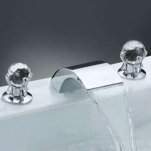 YAJO Modern Widespread Waterfall Spout Two Crystal Handle Bathroom Vessel Sink Bathtub Faucet, Chrome Finish - Thumbnail 2