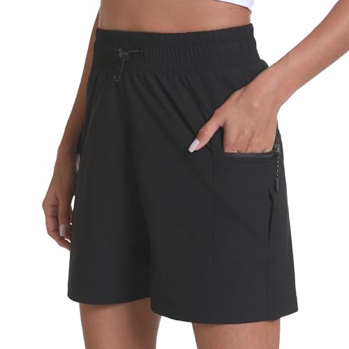 WOMEN’S HKING SHORTS ELASTIC DRAWSTRING HIGH WAIST ATHLETIC SHORTS WITH CARGO POCKETS LIGHTWEIGHT WORKOUT CAMPING SHORTS(BLACK S)