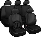Oxgord 17pc Set Faux Leather Black Auto Seat Covers Set - Airbag Compatible - 50/50 or 60/40 Rear Split Bench - 5 Head Rests - Universal Fit for Car, Truck, Suv, or Van - FREE Steering Wheel Cover