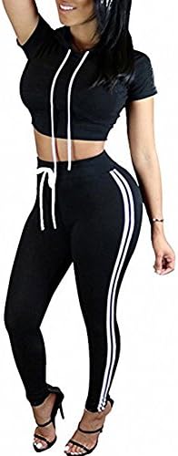 Queenlife Women's Sexy Bodycon Round Neck Hoody Pants 2-Piece Jumpsuit Sportswear (XL, Black)