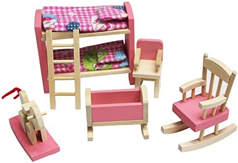 Super Cute Wooden Dollhouse Funiture Miniature Pink Wood Bunk Bed Set Toy Dollhouse Accessories for Kids Play House Game
