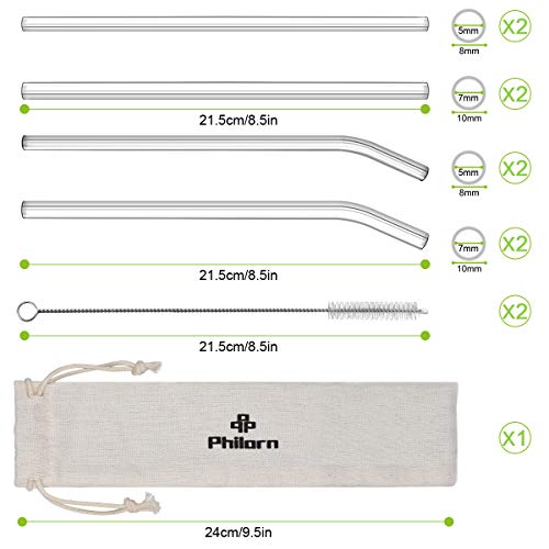 PHILORN Glas Strohhalme Wiederverwendbar 8er Set (8.5in Lang, 8mm/10mm Durchmesser), Beständig Gegen 200°C/-20°C… – Bild 5