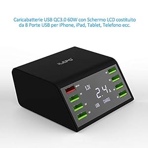 60W Caricatore USB Presa Multipla, QC 3.0 Caricabatterie 8 Port USB Chager with LCD Display per iPhone, iPad, Samsung… - immagine 5