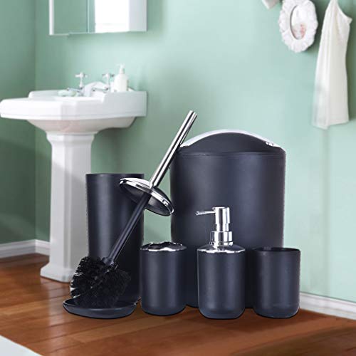 Beyonds Bathroom Accessories Set, 6 Pcs Plastic Gift Set Vanity Accessory Toothbrush Holder,Toothbrush Cup,Soap Dispenser,Soap Dish,Toilet Brush Holder,Trash Can (Black)