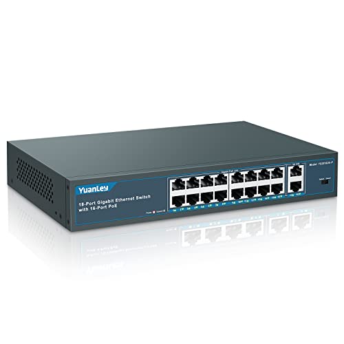 YuanLey 18 Ports Gigabit Switch PoE, 16 PoE Ports + 1000Mbps, 2 Gigabit Uplink, 250W 802.3af/at, Metal Desk/Rack, Network Plug and Play Unmanaged Switch