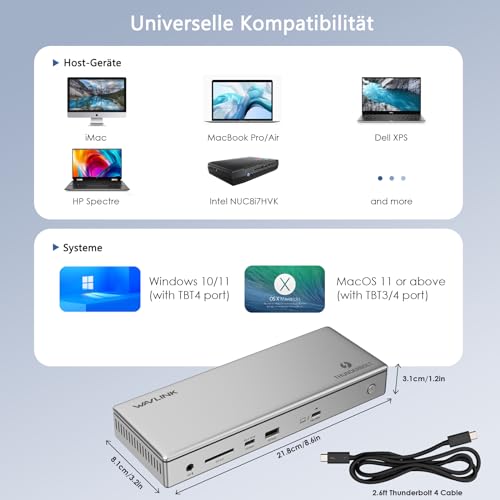 WAVLINK Thunderbolt 4 Dock 98W for MacBook Pro M3/M2/M1 & Windows - 12-in-1 Docking Station with 3x Thunderbolt 4 Ports (40Gbps), Support Single 8K@30Hz or Dual 4K@60Hz, 2.5G Ethernet, 98W PD