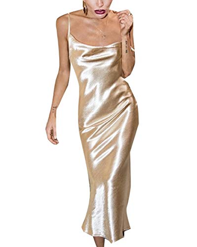 Comaba Women's Backless Evening Cocktail Sling Satin Sexy Maxi Dress Golden XS