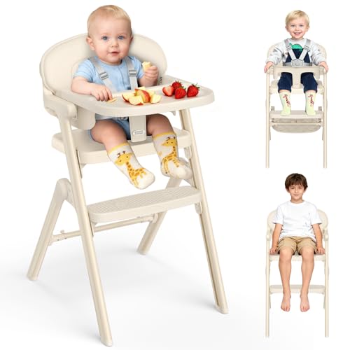 PAMPORPET Evolutionary Baby Highchair – From 6 Months Up to 90 kg – Folded High Chairs with Adjustable Seat/Footrest, Removable Tray and Cushion/5-Point Harness – Ergonomic Compliant (Beige)