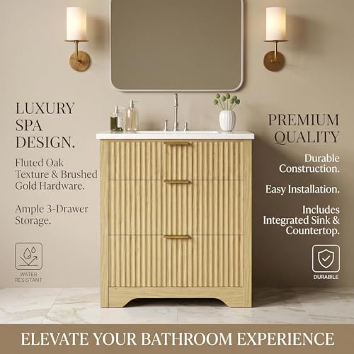 Farmhouse Bathroom Vanity 30", Fluted Freestanding Cabinet with Sink, 2 Drawers, Flip-Down Drawer, Natural Oak, Easy to Clean Natural Wood