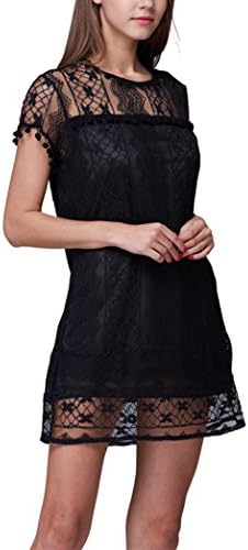 Voinnia Women's O Neck Crochet Hollow Lace Mini T-shirt Dress