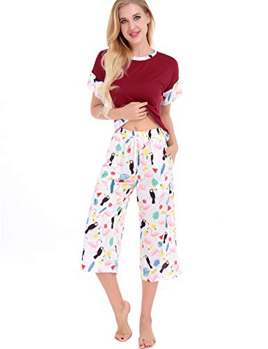 FISOUL Women's Cozy Pajama Set Short Sleeve Cotton Sleepwear Nightwear Soft PJS Set Cropped Pants Wine Red M