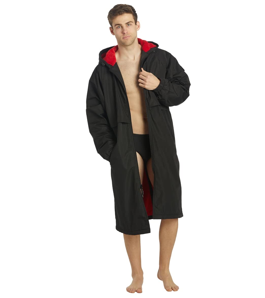 Photo 1 of Sporti Unisex Swim Parka with Plush Fleece Lining, Multi Pocket Zipper - Swim Coats for Women & Men - Quick Drying & Water Resistant Changing Robe - Black Shell/Red Lining - X-Small