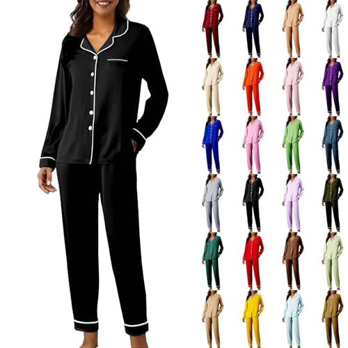 women pyjamas set Womens Pyjamas Long Sleeve Button Down Pajamas Two Pieces Pjs for Female Sets Sleepwear Loungewear Silk Pyjama for Women Satin Pjs Set Long Pyjama womens cotton loungewear Black L