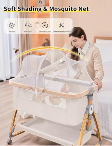 Baby Bassinet, Bedside Bassinet for Baby, 4 in 1 Portable Bedside Sleeper with Wheels Mosquito Net & Storage Basket, 6 Height Adjustable Rocking Bassinet for Newborn Baby