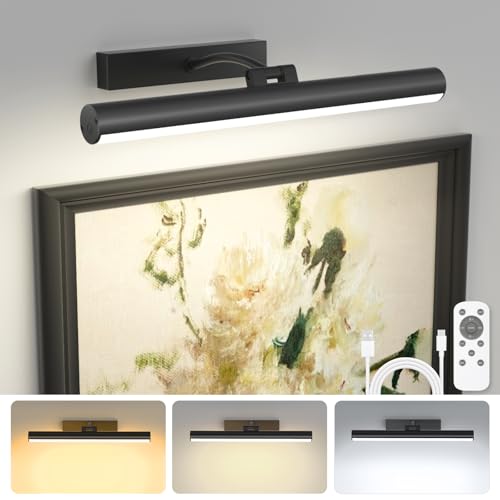 Bridika Picture Lights for Wall Battery Operated with Remote, 3 Color Modes and Dimmable Rechargeable Art Lights for Paintings, Gallery, Bedroom, Bathroom with Timer Black 1