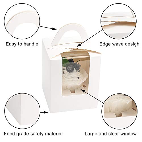 White Cupcake Boxes,50pcs Single Cupcake Carrier with Window Insert and Handle Kraft Pastry Containers Muffins Cupcake Carriers for Bakery Wrapping Party Favor Packing