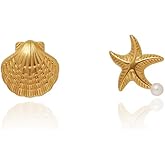 Asymmetric Sea Shell Starfish Stud Earrings for Women Stainless Steel Faux Pearl Star Seashell Studs Earring Cute Summer Beach Party Jewelry Gifts