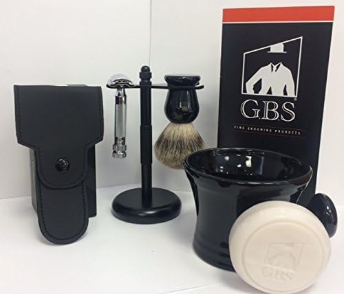 6 Pc Men's Shaving Gift Set -- 100% Pure Badger Brush, Shaving Mug with Knob Handle, 97 % All Natural Ocean Driftwood Soap, Black Brush and Razor Stand -- Merkur 34001 with Free Black Leather Case