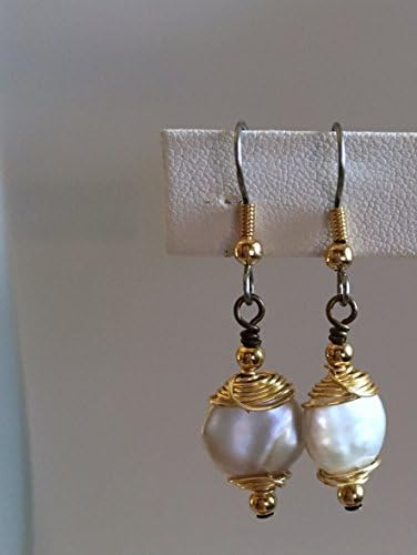 Pearl Earrings/21 Brass Wrap - Freshwater Coin Pearl, Hand Wrapped &amp; Finished with Shiny Bright Brass Accents - Surgical Steel French Hooks