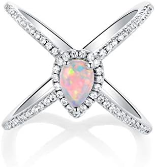 OPALBEST 18K White Gold/Rose Gold Plated Pear Opal Crossover X Ring for Women