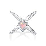 OPALBEST Pear Fire Opal Criss Cross X Ring Halo CZ Eternity Engagement Band White Gold Plated for Women Girls
