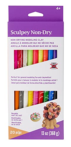 Sculpey Non-Dry Resuable, non drying clay; 20 assorted colors, 13 oz of clay, variety pack. Great for claymation and general modeling. Ages 4 and up