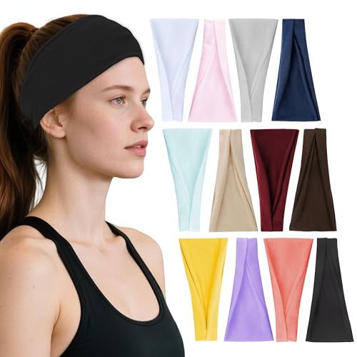 Headbands for Women, 12PCS Wide Stretchy Sports Hair Bands, Elastic Soft Fashion Head Bands, Non-Slip Running Sweatbands for Fashion, Washing Face, Workouts, Yoga, Daily Use
