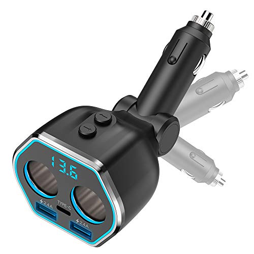 Car Charger,80W Dual USB Car Charger Adapter,A Type C Port and Two Cigarette Lighter Splitter Adapter Sockets with Switchs for GPS, Dashcam, SatNav, iPhone, IPad, Android Etc