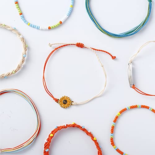 ISWAKI 8Pcs Sunflower Bracelets Hand String Bracelets Handmade Braided Rope Charms Boho Summer Beach Bracelet for Women Girls (Keep Fucking Going)…
