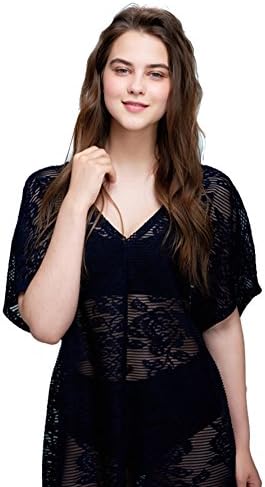 ATHLUNA Women’s Black Loose Fit Swimwear Cover-Up With Rose Patterns One Size Black