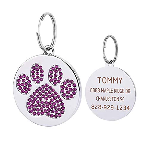 Hisoul Metal Pet ID Tag - Personalized Dog Tags & Cat Tags - Pet Jewelry Necklace Diamond Paw Dog Cat ID Name Tags - Prevent Lost ( Purple) - Thumbnail 2