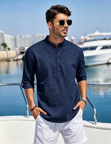 Cegerne Men's Linen Shirt Long Sleeve Shirt Summer Lightweight Breathable Henley Casual for Vacation Beach