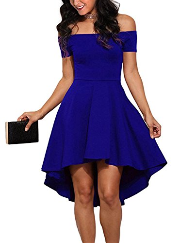 Women's Off Shoulder Sleeves Dress High Low Skater Dress Handkerchief Hem Midi Dress Sundress (M, Blue)