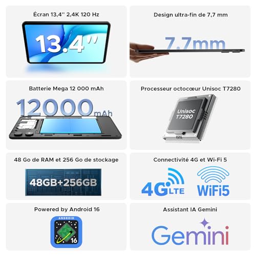 P13PRO Tablet 13.4 Pulgadas, 2.4K 120Hz Display Tablet Android 16 con 48GB RAM+256GB ROM, Gemini AI, T7280 Octa-Core, 16MP + 8MP, 12000mAh, 5G WIFI, 4G LTE, Tablets con Teclado, lapiz, Funda-Negro