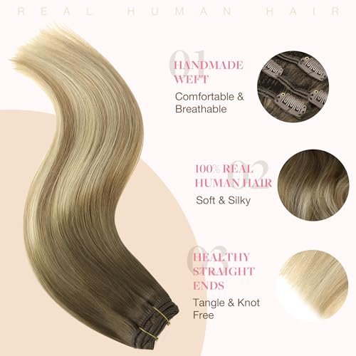 GOO GOO Extensiones Adhesivas Pelo Natural, 40cm 90g 7pcs, Extensiones de cabello humano Natural auténtico, 3/8/613 Marrón Nogal a Castaño Ceniza y Rubio Blanquecino