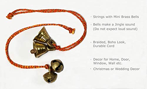 AzKrafts Mini Brass Hanging Bells on String I Hanging Sleigh Bells, Regular Bells, Combo Bells, for Home Decor I Indian Hanging Jingle Bells on Braided String (6" String, 12 Pack, Sleigh+Reg Bells)