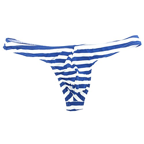 Men's Striped Jockstrap Thong Tanga G-string Underwear Briefs Blue/White,Large