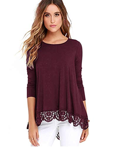 Qearal Womens Tops Long Sleeve Loose Casual Lace High Low A-Line Tunic Shirt Blouses(Wine Red S)