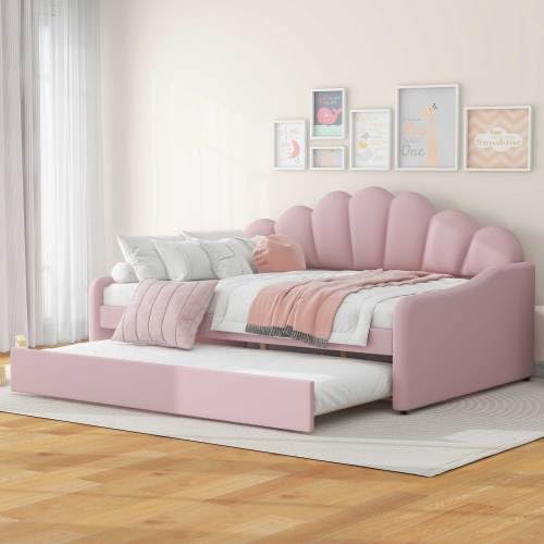 Photo 1 of **BOX 3 OF 3 ONLY/INCOMPLETE SET**Bellemave Full Size Daybed Frame with Trundle Bed, Velvet Upholstered Daybed with Shall Shaped Backrest, Perfect for Living Rooms, Apartments, Studios, Pink