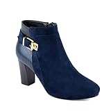 Reneeze PONY-01 Womens Fashionable Stacked Heels Ankle Booties - NAVY